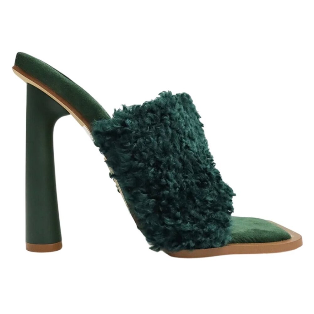 Lemonade Sunny Green Faux Fur Mules Open-Toe Slip On 5” Cylinder Heel Size 7.5
